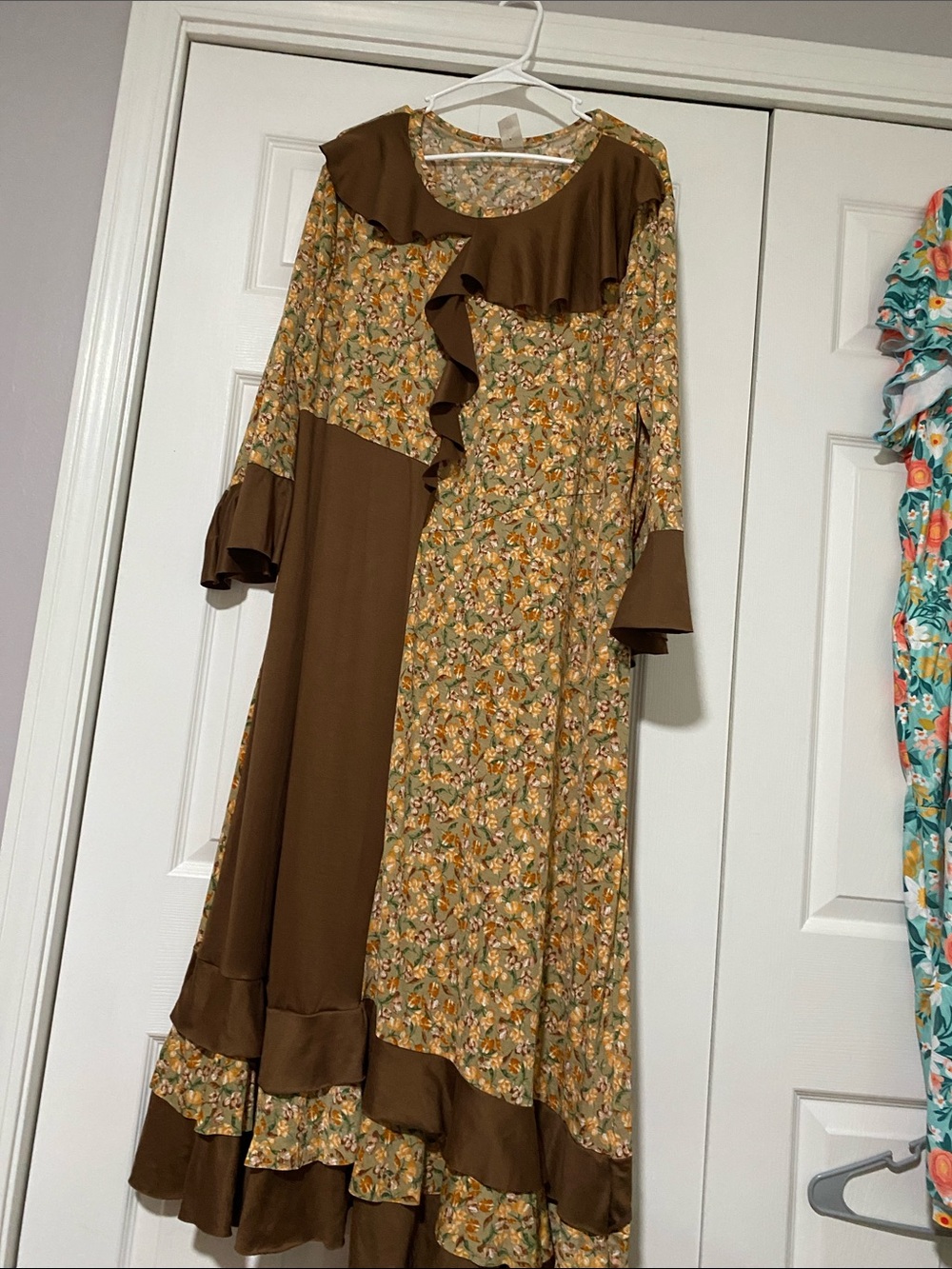 Brown Floral Ruffle Maxi Dress with Patchwork Details